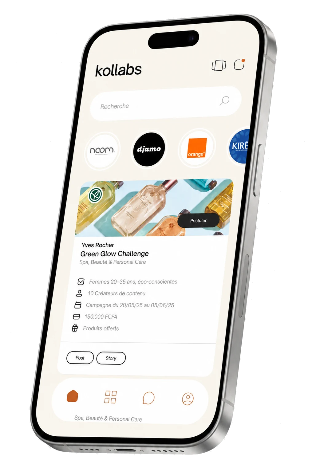 Téléphone Kollabs affichant les campagnes disponibles.
